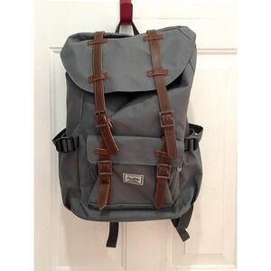 Kaukko Gray Canvas Laptop Backpack Brown Faux Leather Straps Rucksack Travel Bag